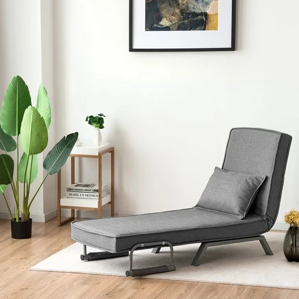 Canapé-Lit Convertible à 5 Positions Fauteuil-lit 1 Place avec Coussin de Dossier en Tissu Lin, 186x60x25cm, Gris