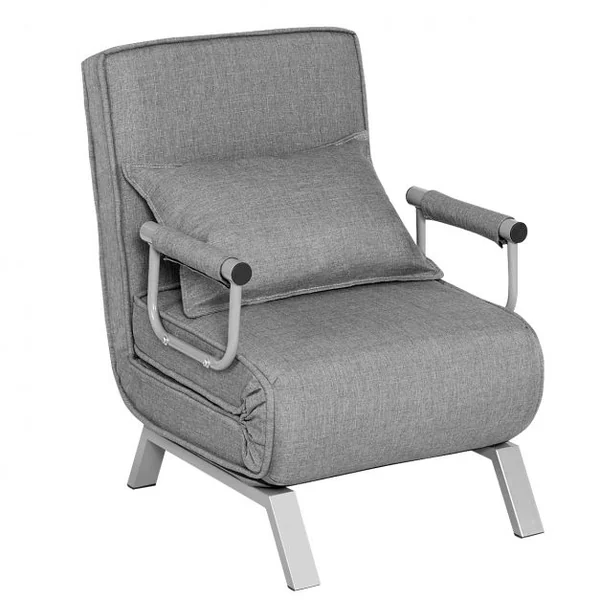 Canapé-Lit Convertible à 5 Positions Fauteuil-lit 1 Place avec Coussin de Dossier en Tissu Lin, 186x60x25cm, Gris