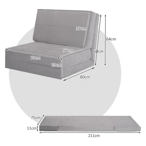 Canapé-Lit Paresseux Pliable Canapé de Sol Dossier Réglable 6 Positions Fauteuil-Lit Tissu en Daim Doux et Rembourré pour Chambre Salon Balcon Gris