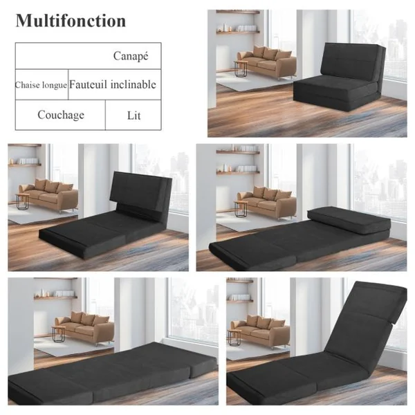 Canapé-Lit Paresseux Pliable Canapé de Sol Dossier Réglable 6 Positions Fauteuil-Lit Tissu en Daim Doux et Rembourré pour Chambre Salon Balcon Noir