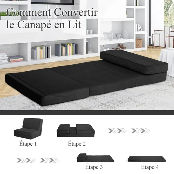 Canapé-Lit Paresseux Pliable Canapé de Sol Dossier Réglable 6 Positions Fauteuil-Lit Tissu en Daim Doux et Rembourré pour Chambre Salon Balcon Noir