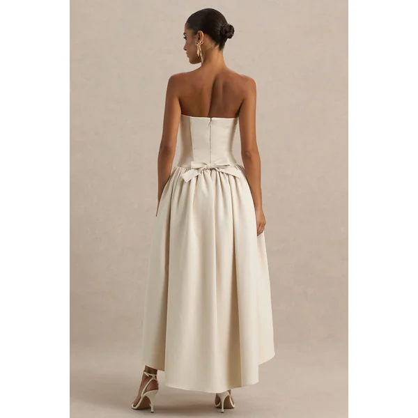 Candice | Robe mi-longue crème bandeau avec volume et détail nœud au dos