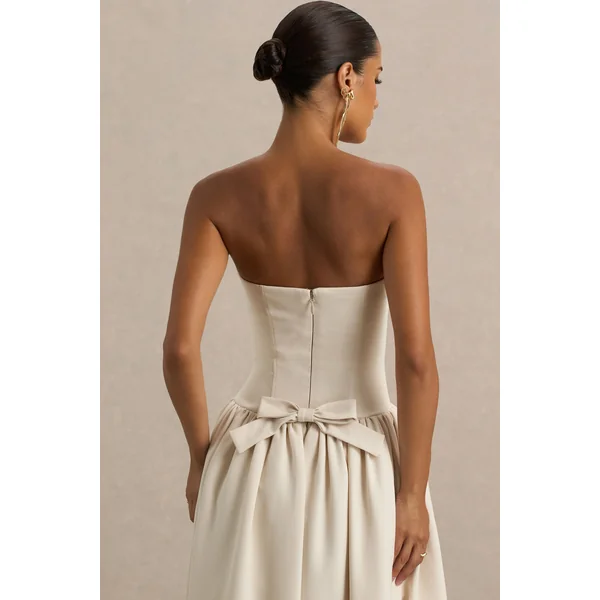 Candice | Robe mi-longue crème bandeau avec volume et détail nœud au dos