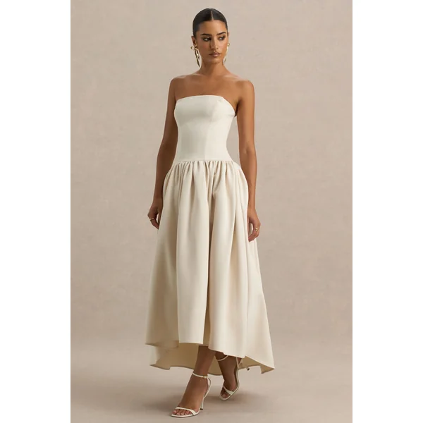 Candice | Robe mi-longue crème bandeau avec volume et détail nœud au dos