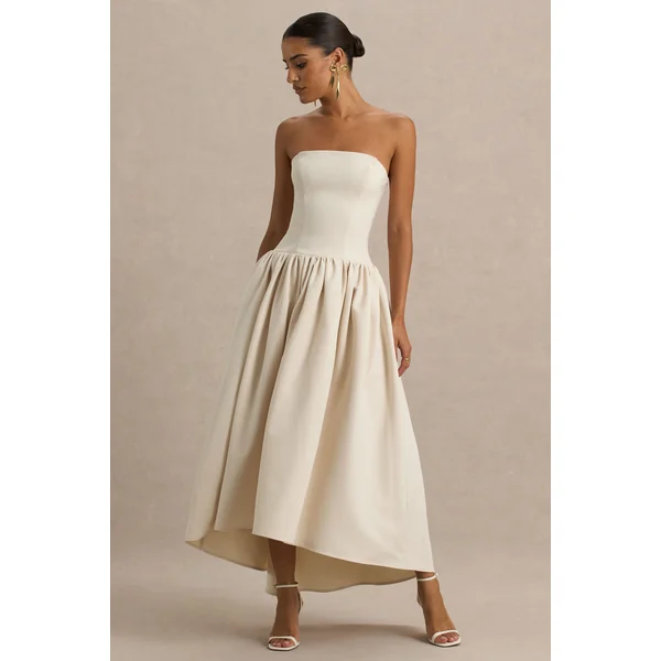Candice | Robe mi-longue crème bandeau avec volume et détail nœud au dos