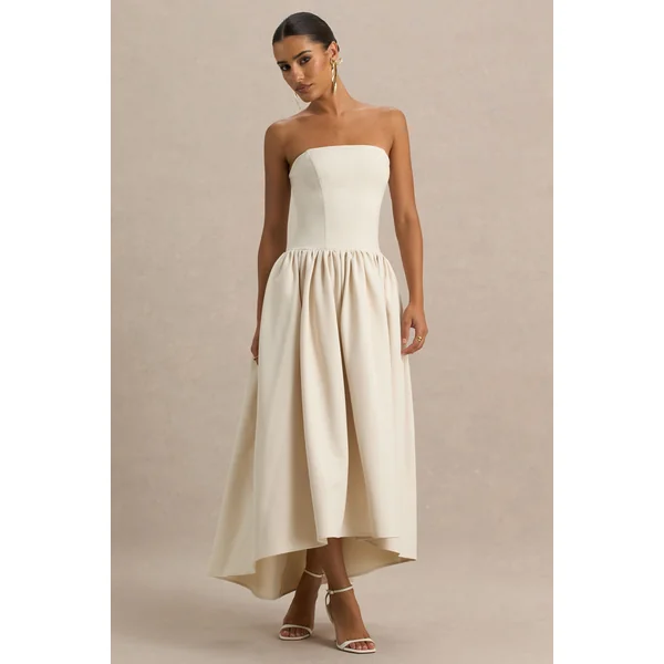 Candice | Robe mi-longue crème bandeau avec volume et détail nœud au dos