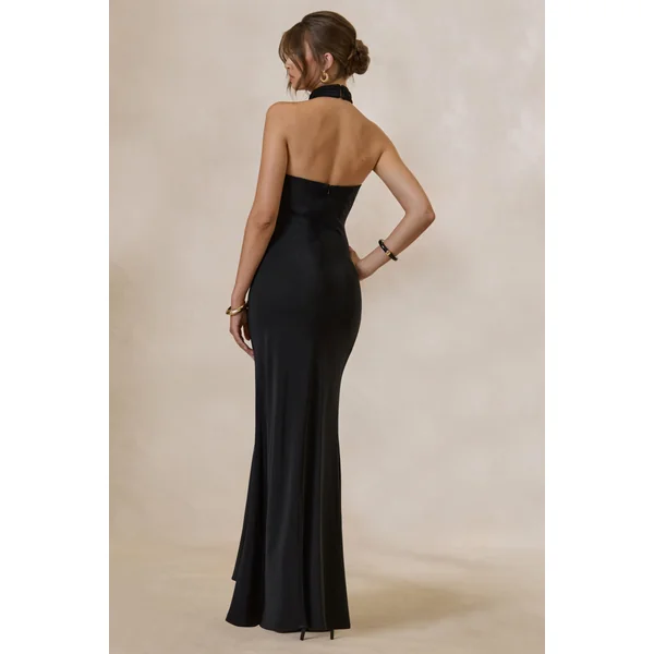 Canella | Robe longue en satin noir à col halter avec détail en ruban