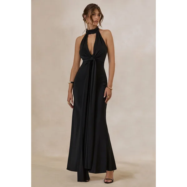 Canella | Robe longue en satin noir à col halter avec détail en ruban