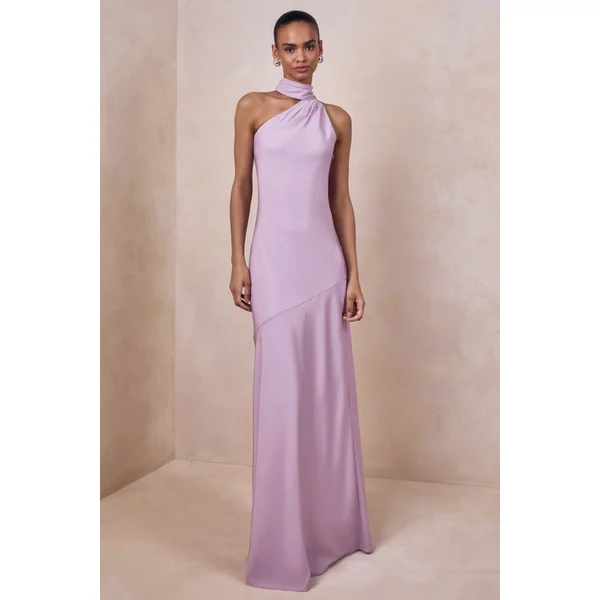 Cara | Robe longue en satin lilas à encolure haute