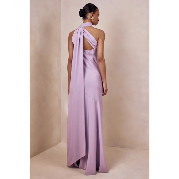 Cara | Robe longue en satin lilas à encolure haute