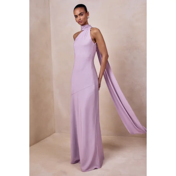 Cara | Robe longue en satin lilas à encolure haute