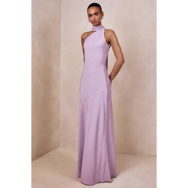 Cara | Robe longue en satin lilas à encolure haute