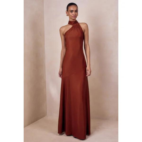 Cara | Robe longue en satin rouille à encolure haute