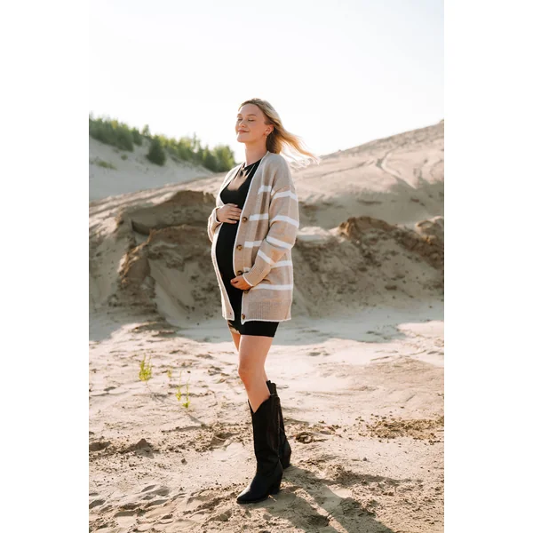 Cardigan CÉCILE (long à rayures) - beige & blanc