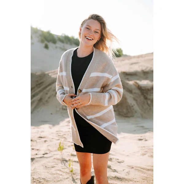 Cardigan CÉCILE (long à rayures) - beige & blanc