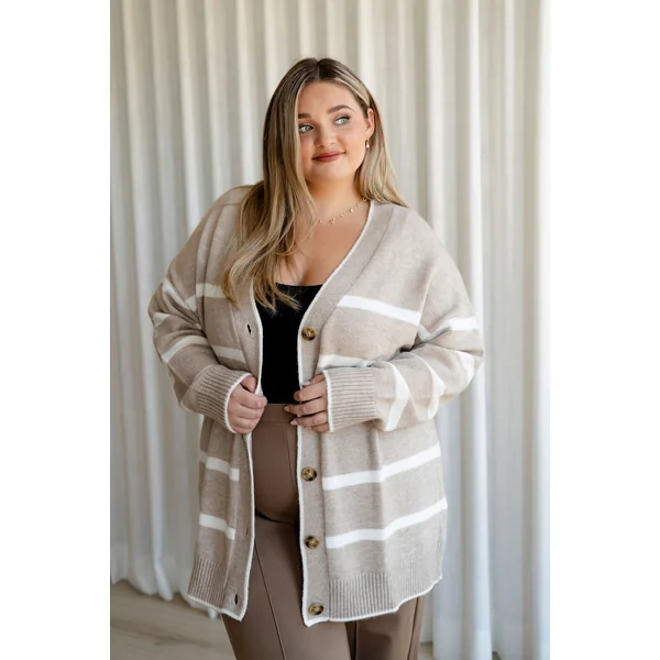 Cardigan CÉCILE (long à rayures) - beige & blanc