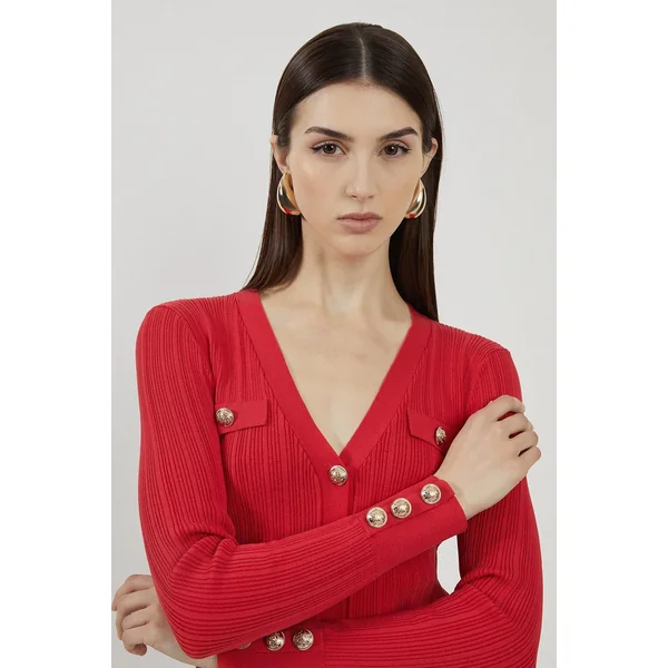 Cardigan en mélange de viscose à toucher sec, à côtes et garniture militaire