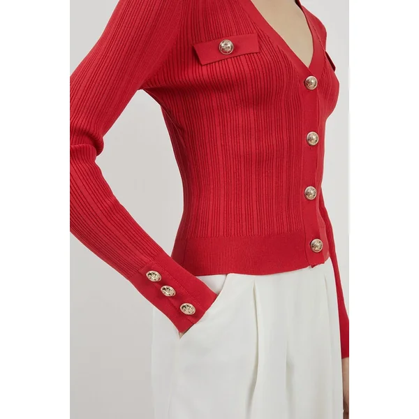 Cardigan en mélange de viscose à toucher sec, à côtes et garniture militaire