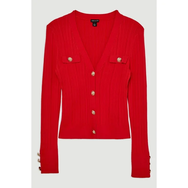 Cardigan en mélange de viscose à toucher sec, à côtes et garniture militaire
