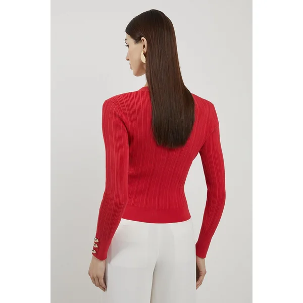 Cardigan en mélange de viscose à toucher sec, à côtes et garniture militaire