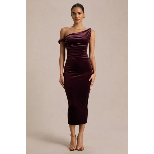 Carella | Robe mi-longue asymétrique en velours bordeaux avec détail torsadé