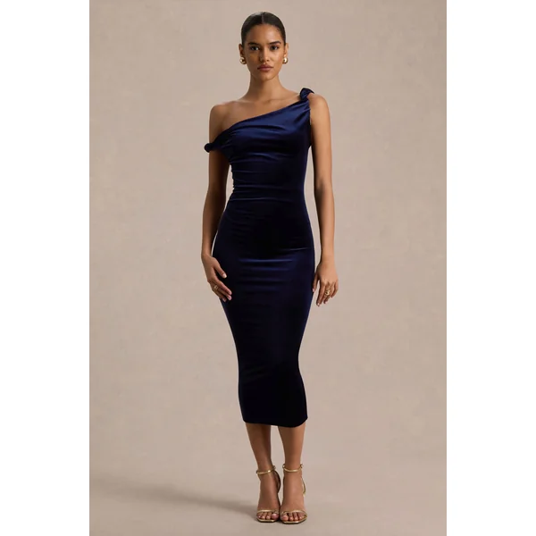Carella | Robe mi-longue asymétrique torsadée en velours bleu marine