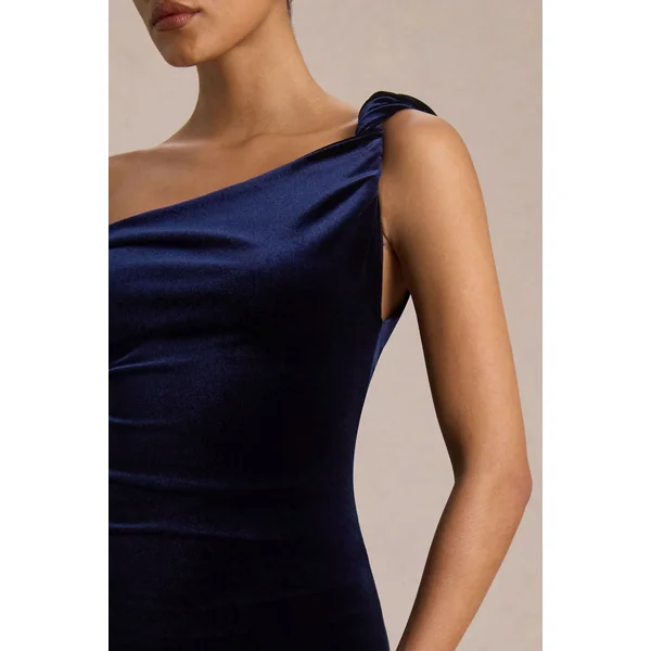 Carella | Robe mi-longue asymétrique torsadée en velours bleu marine