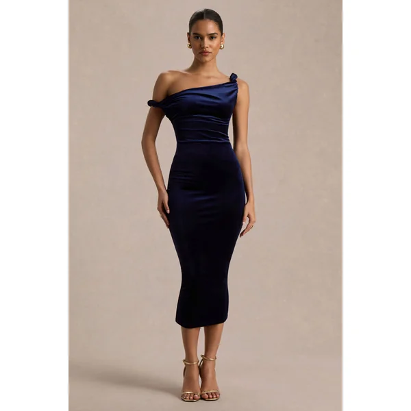 Carella | Robe mi-longue asymétrique torsadée en velours bleu marine