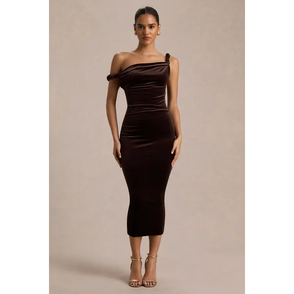 Carella | Robe mi-longue en velours marron à encolure asymétrique torsadée