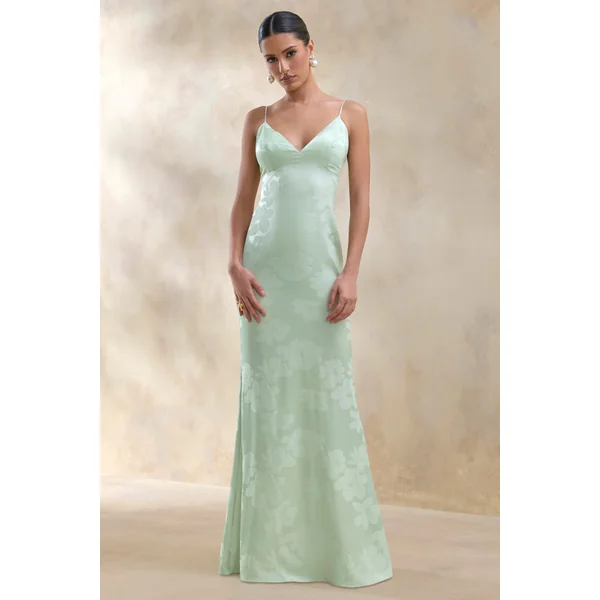Carelle | Robe longue en satin vert à encolure plongeante et taille basse asymétrique