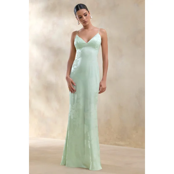 Carelle | Robe longue en satin vert à encolure plongeante et taille basse asymétrique