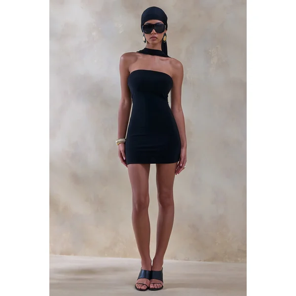Caresse | Mini-robe noire bandeau avec détail foulard
