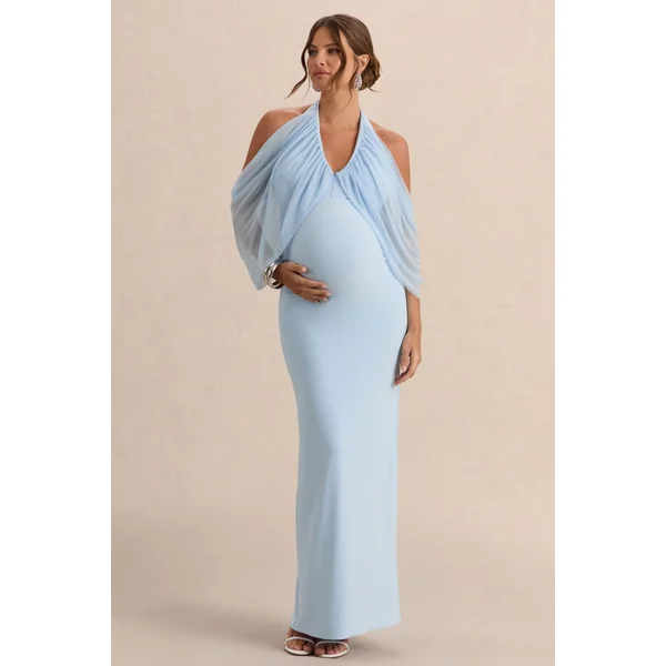 Caris | Robe longue de maternité bleu clair à encolure Bardot