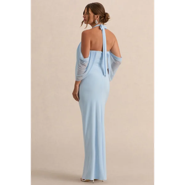 Caris | Robe longue de maternité bleu clair à encolure Bardot