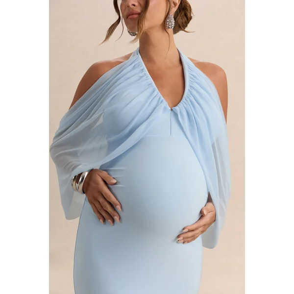 Caris | Robe longue de maternité bleu clair à encolure Bardot