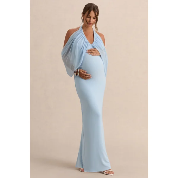 Caris | Robe longue de maternité bleu clair à encolure Bardot