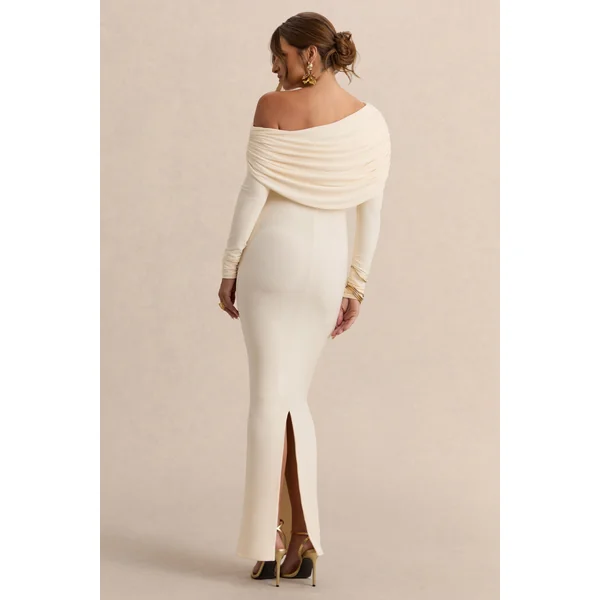 Carleigh | Robe longue de maternité crème à encolure asymétrique avec détails drapés