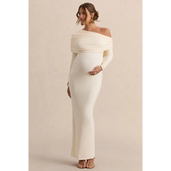 Carleigh | Robe longue de maternité crème à encolure asymétrique avec détails drapés
