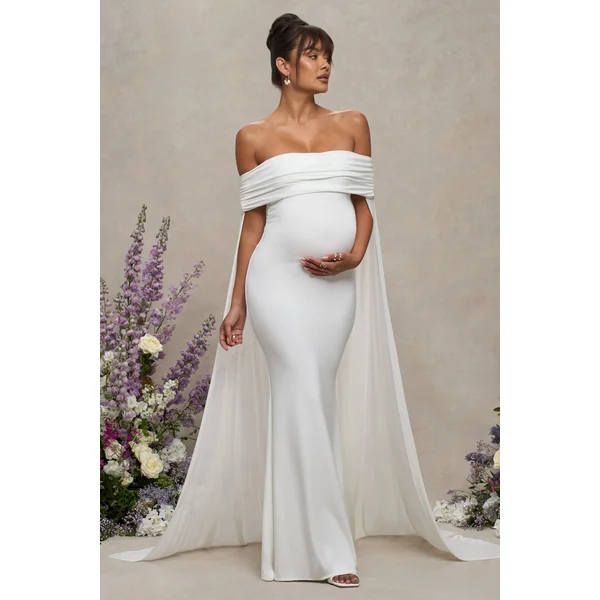 Carlotta | Robe Longue de Maternité Bardot Blanche avec Cape en Chiffon