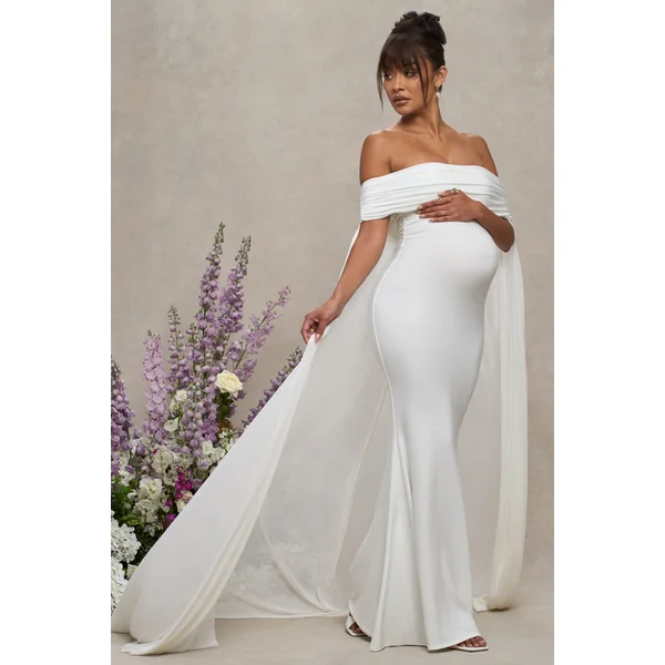 Carlotta | Robe Longue de Maternité Bardot Blanche avec Cape en Chiffon