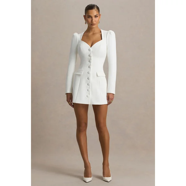 Carmen | Mini-robe blanche à décolleté cœur et coupe tailleur