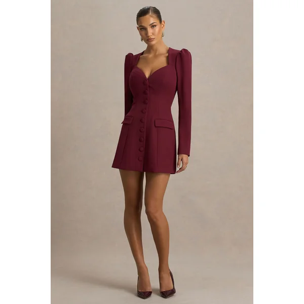 Carmen | Mini-robe bordeaux à décolleté cœur et coupe tailleur