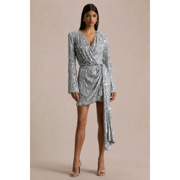Carmina | Mini-robe portefeuille en sequins argentés à décolleté plongeant et détail ceinturé