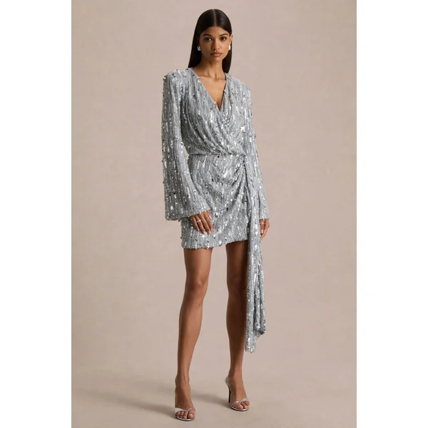 Carmina | Mini-robe portefeuille en sequins argentés à décolleté plongeant et détail ceinturé