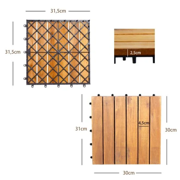 Carreaux de Terrasse en Bois d'Acacia27 Pièces Dalle Bois Huilé 30 x 30 CM Couvrant Surface de 24300 cm² pour Jardin Piscine Balcon