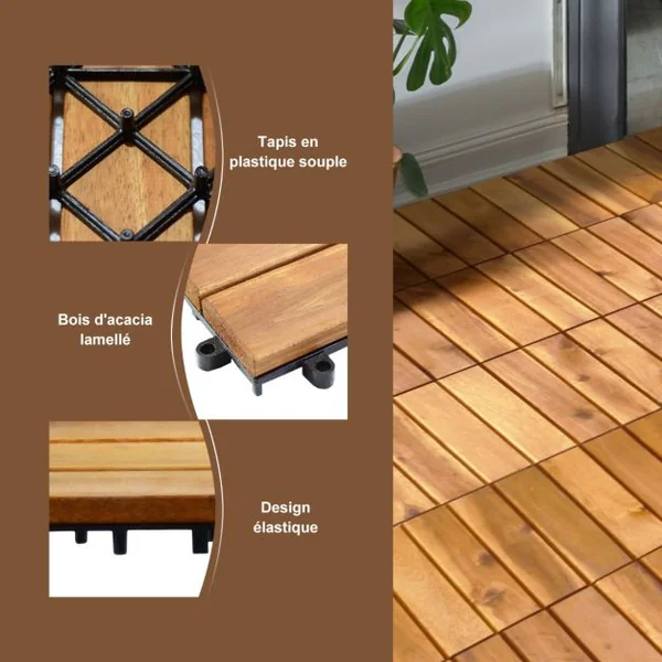 Carreaux de Terrasse en Bois d'Acacia27 Pièces Dalle Bois Huilé 30 x 30 CM Couvrant Surface de 24300 cm² pour Jardin Piscine Balcon