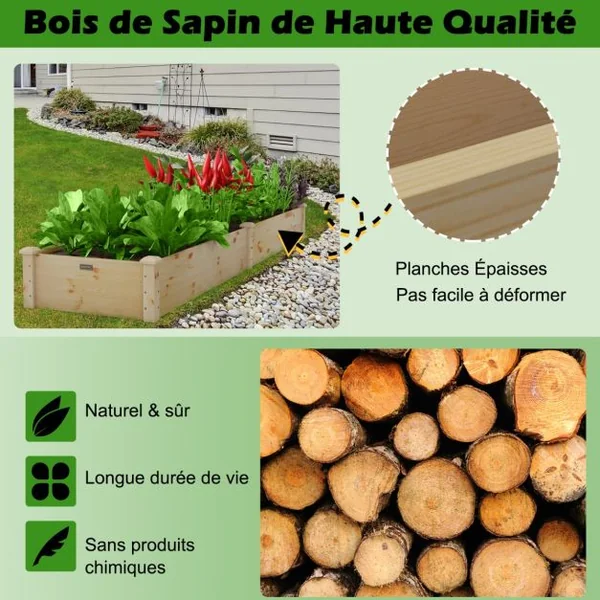 Carré Potager de Jardin Rectangulaire en Bois de Sapin 240x60x25CM Jardinière Surélevée avec Base Ouverte pour Fruits Légume