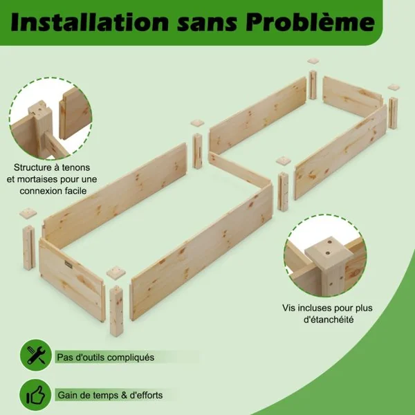 Carré Potager de Jardin Rectangulaire en Bois de Sapin 240x60x25CM Jardinière Surélevée avec Base Ouverte pour Fruits Légume
