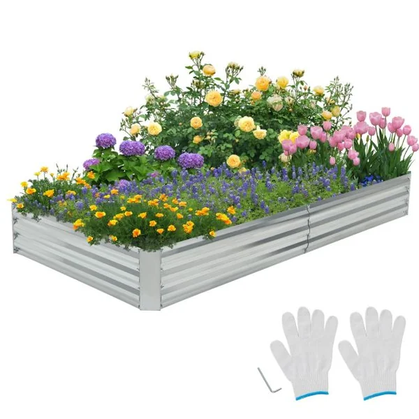Carré Potager de Jardin Rectangulaire en Fer Galvanisé 242x122x30 CM Jardinière Surélevée Bac à Fleurs avec Base Ouverte