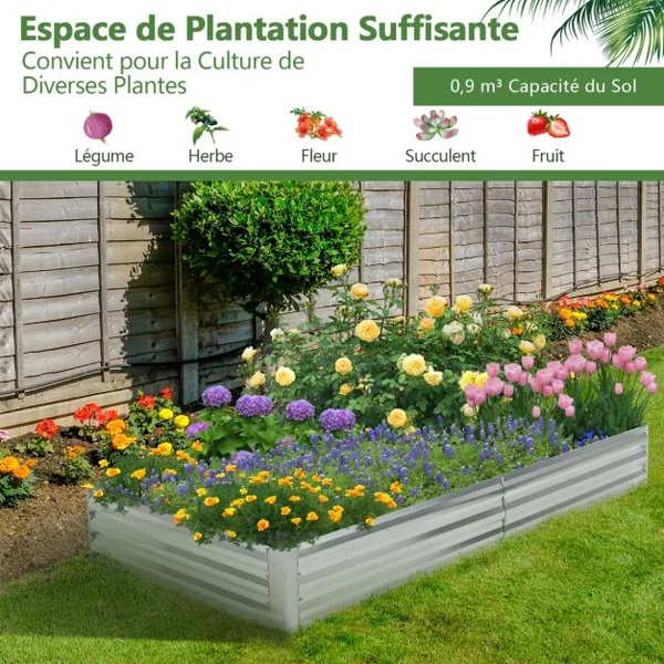 Carré Potager de Jardin Rectangulaire en Fer Galvanisé 242x122x30 CM Jardinière Surélevée Bac à Fleurs avec Base Ouverte